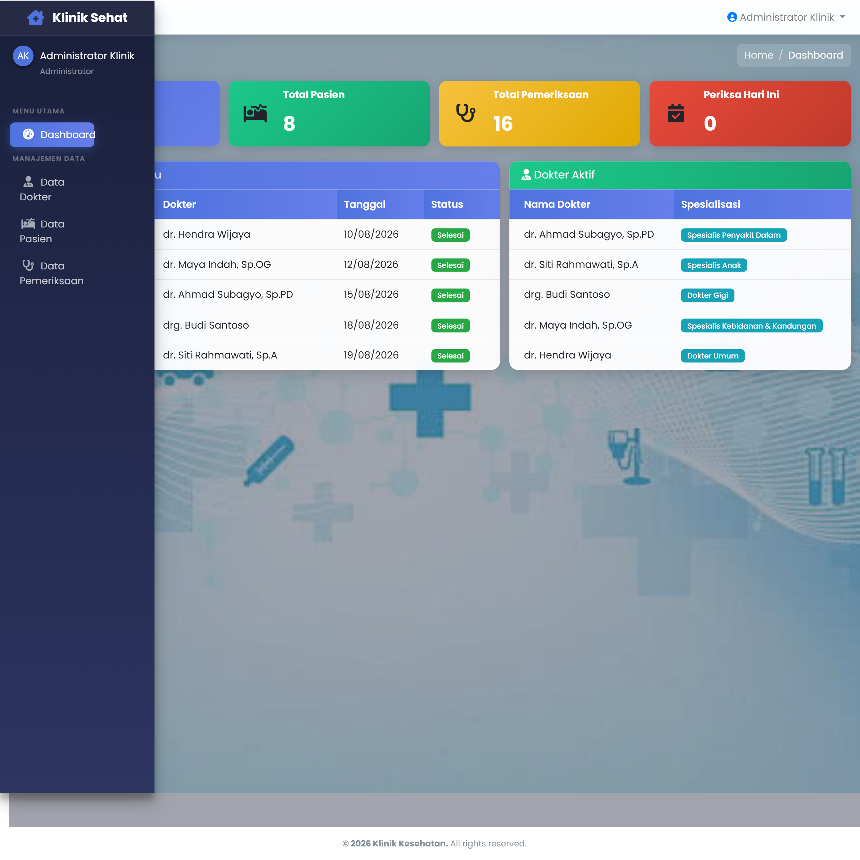 Mockup Admin Panel Klinik Kesehatan